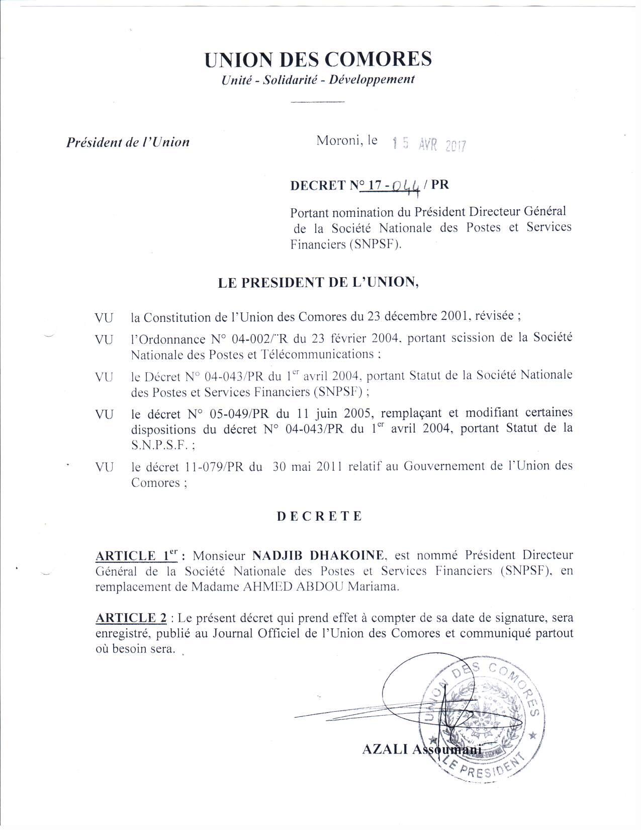 NADJIB DHAKOINE est nommé à la tête de la SNPSF par le Chef de l’Etat.